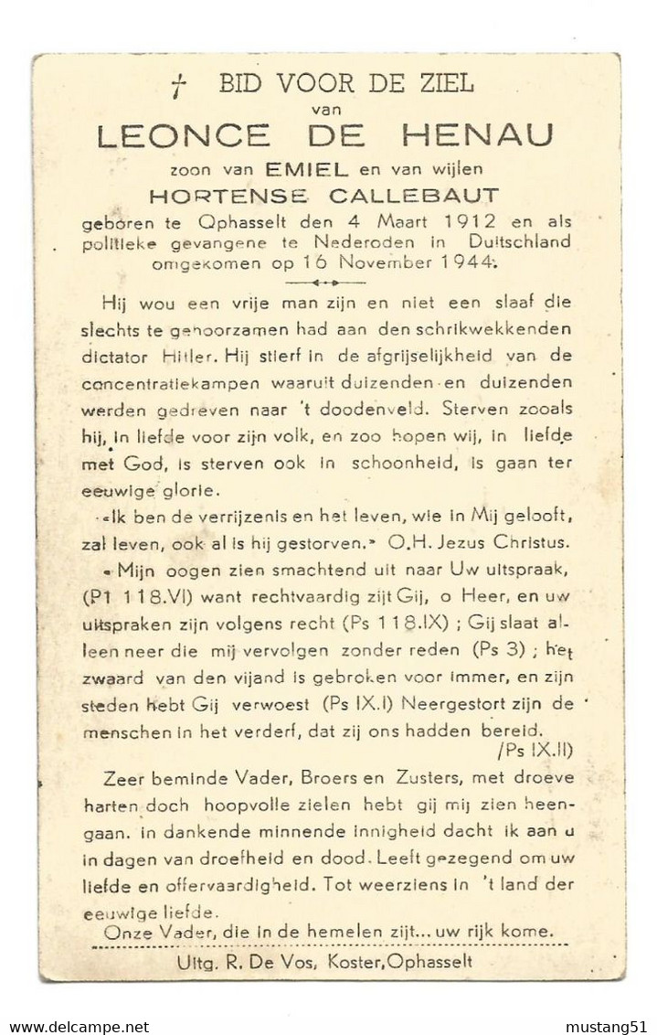 Doodsprentje Oorlogsslachtoffer Ophasselt + Nederoden (D) 16 November 1944 - Imágenes Religiosas