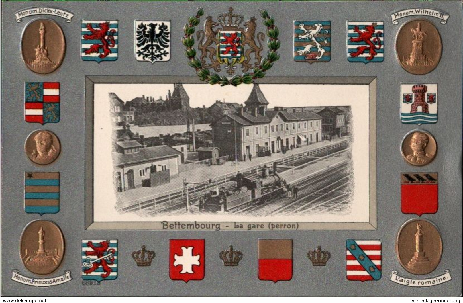 ! Wappen Ansichtskarte, Bettembourg, Bettemburg, La Gare, Bahnhof, Eisenbahn, Dampflok, Luxemburg, Luxembourg - Bettembourg