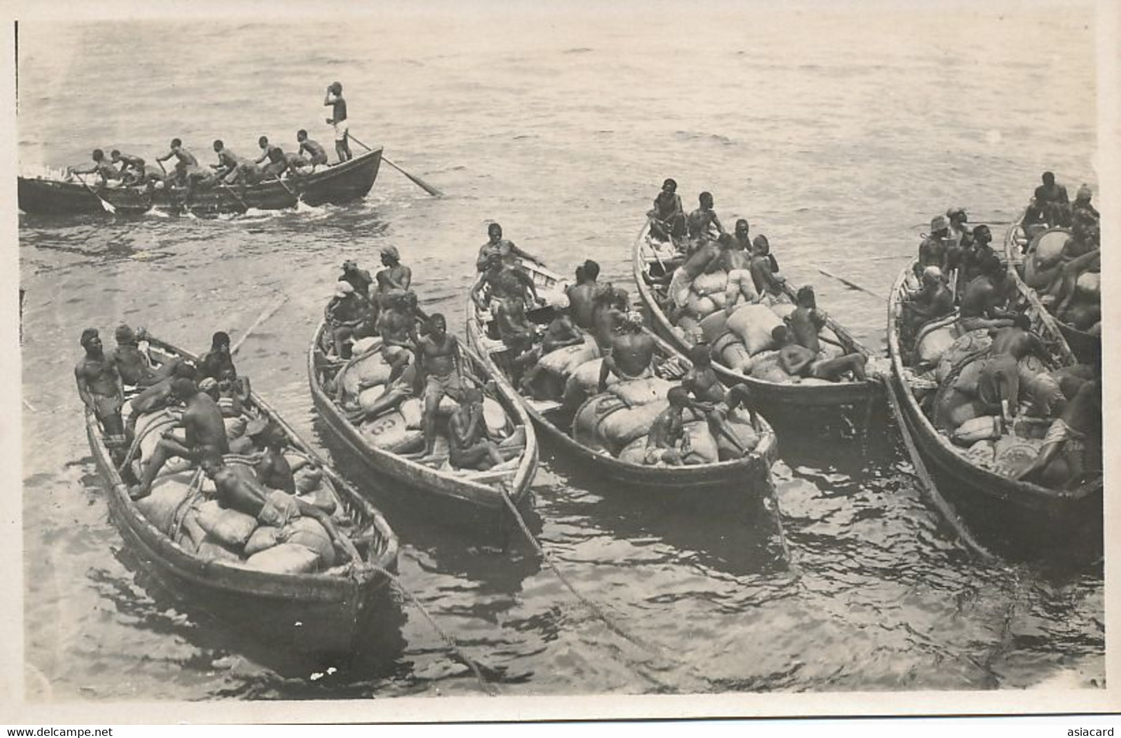 Real Photo Gambia  Nude Black Men In Several Boats Carrying  Food . Pirogue Race - Gambie