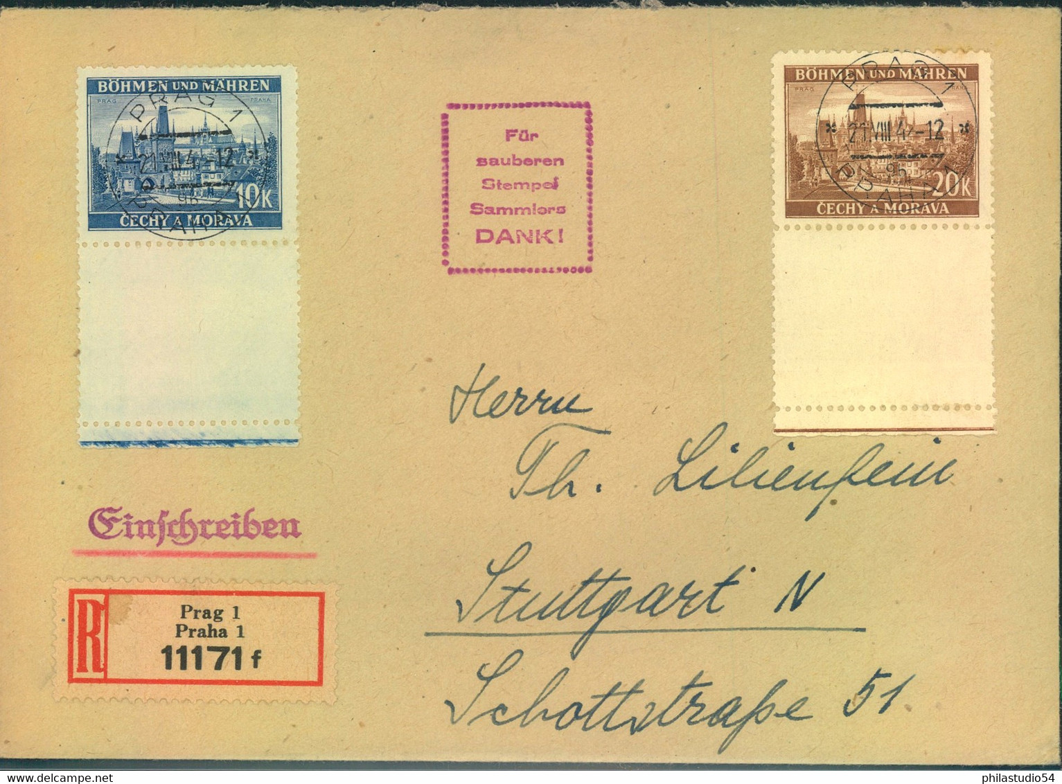 1942, überfrankiertes Einschreiben Mit 10 Und 20 K Je Mit Leerfeld Ab PRAG 1 - Cartas & Documentos