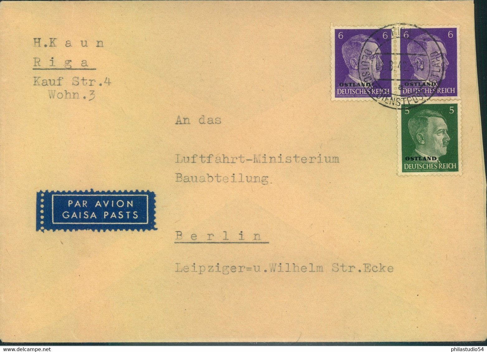 1942, OSTLAND, Luftpostbrief Aus RIGA An Das Luftfahrtministerium In Berlin. Seltene 17 Pfg. Frankatur - Autres & Non Classés