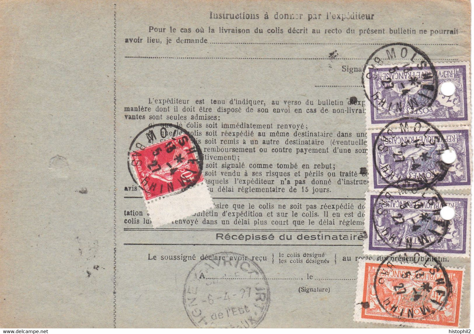 3 X 3F Merson Perforés Et 2F Bulletin Colis 11,05 Kg Molsheim Ets Coulaux 1927 Avec VD 400F Pr Gisors - 1900-27 Merson
