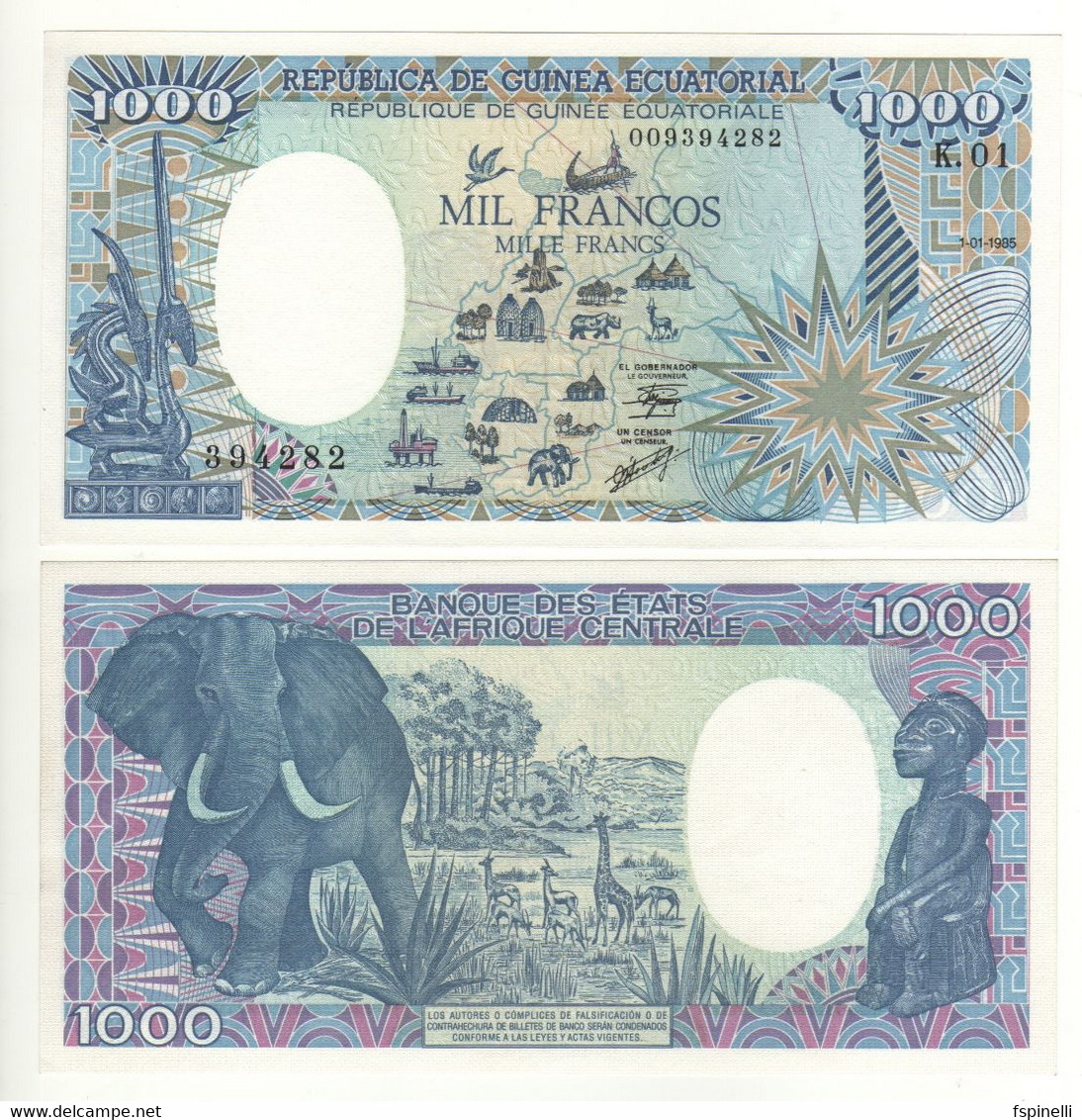EQUATORIAL GUINEA    1'000 Francs   P21  Dated  01.01.1985   ( Map On Front - Elephant-wild Life On Back )     UNC - Guinée Equatoriale