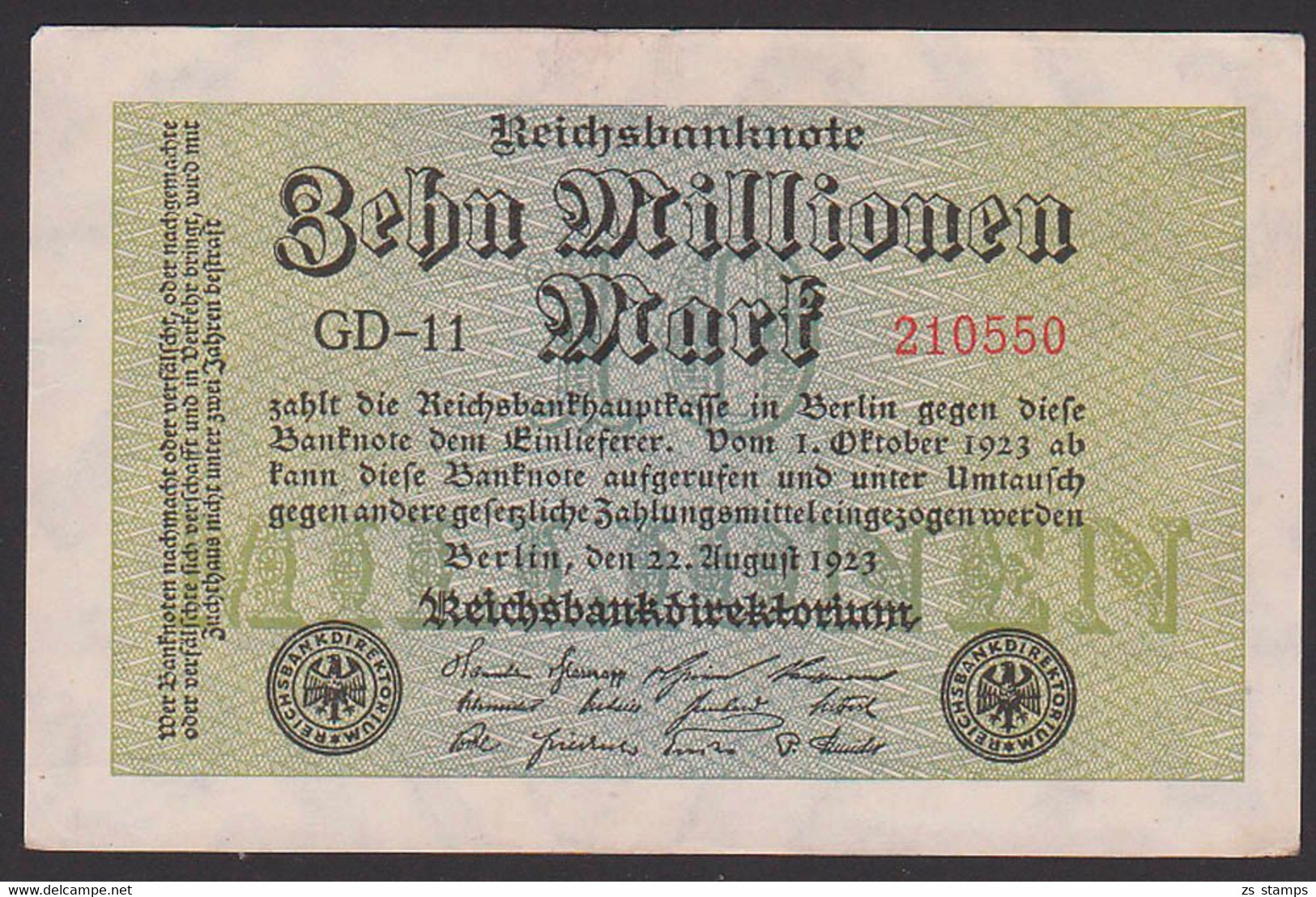 Deutsches Reich, Reichsbanknote 10 Millionen Mark, Ausgabe 22. August 1923, Serie GD-11 - 10 Mio. Mark