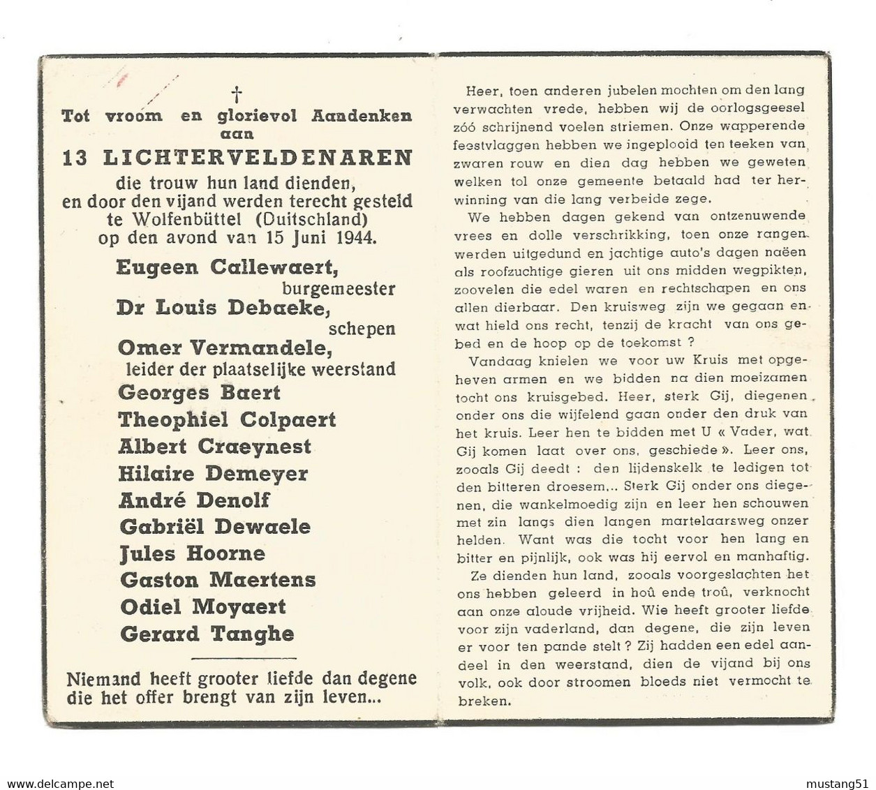 Doodsprentje Oorlogsslachtoffers Lichtervelde + Wolfenbüttel 15 Juni 1944 - Imágenes Religiosas