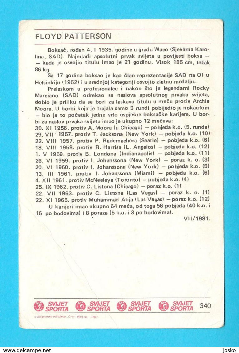 FLOYD PATTERSON (USA) - Yugoslavia Vintage Card Svijet Sporta * Boxing Boxe Boxeo Boxen Pugilato Boksen - Trading-Karten