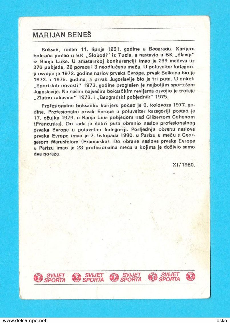 MARIJAN BENES - Yugoslavia Vintage Card Svijet Sporta * Boxing Boxe Boxeo Boxen Pugilato Boksen - Sonstige & Ohne Zuordnung