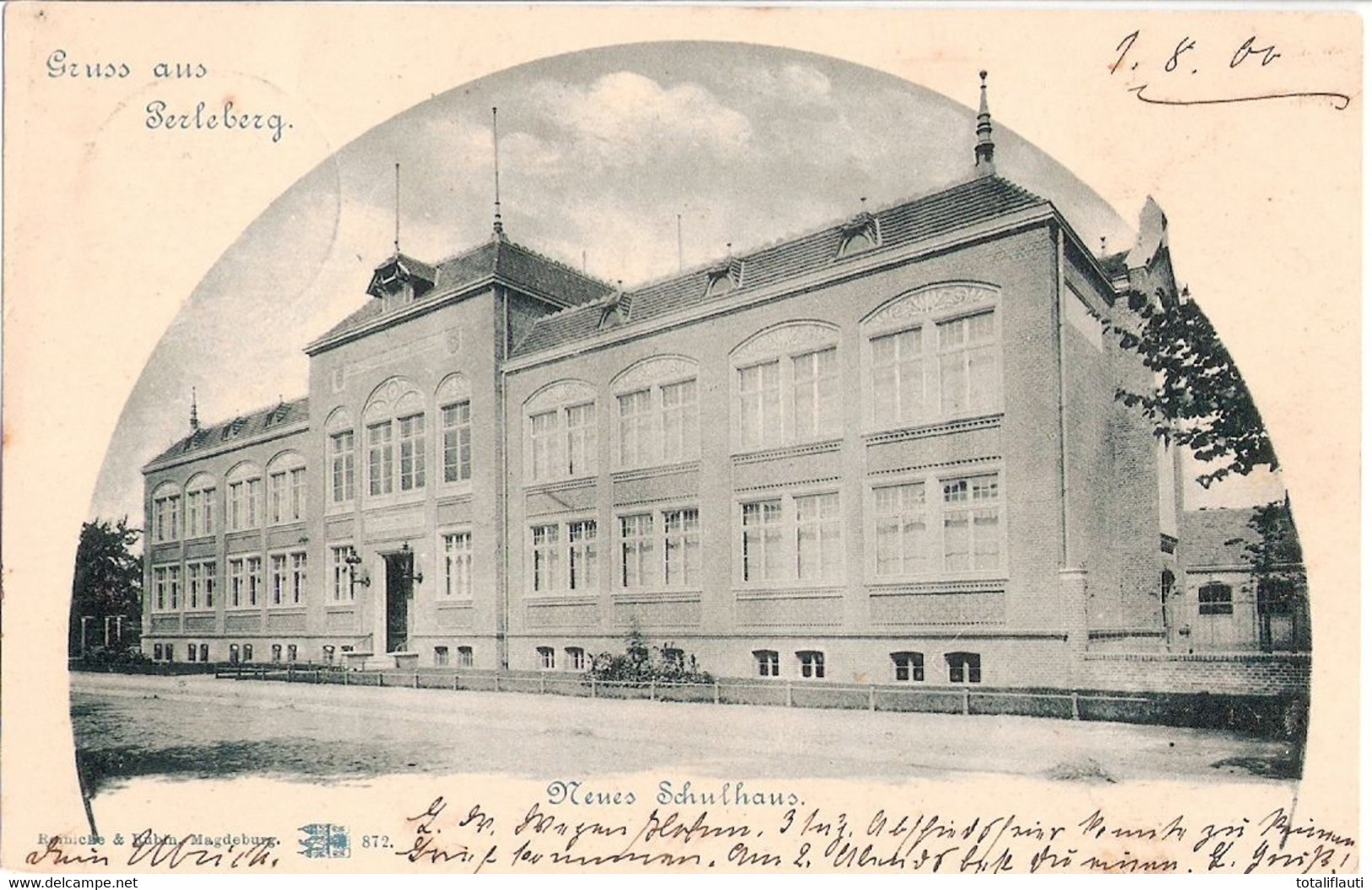 Gruss Aus PERLEBERG Prignitz Neues Schulhaus Passepartoutkarte 1.8.1901 Gelaufen - Perleberg