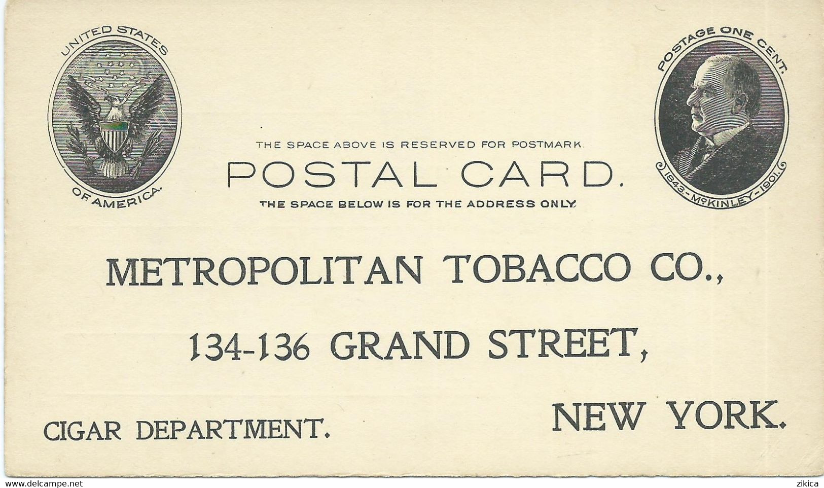 U.S. 190. Old Postcard Stamped Stationary UNUSED,McKinley,Metropolitan Tobacco,New York - 1901-20
