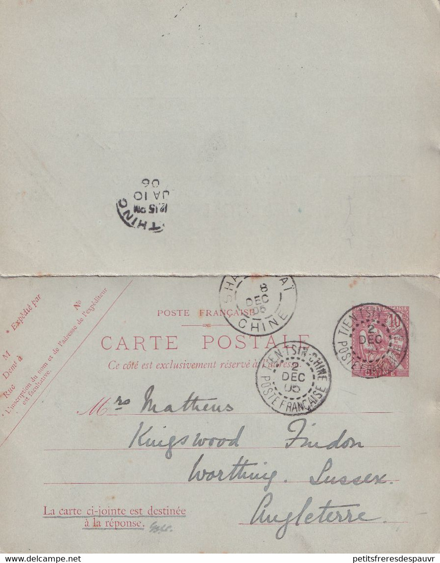 CHINE - Entier Postal Réponse10 Cts Mouchon De TIEN-TSIN Poste Française Pour La Grande-Bretagne (UK) 2/12/1905 - Covers & Documents