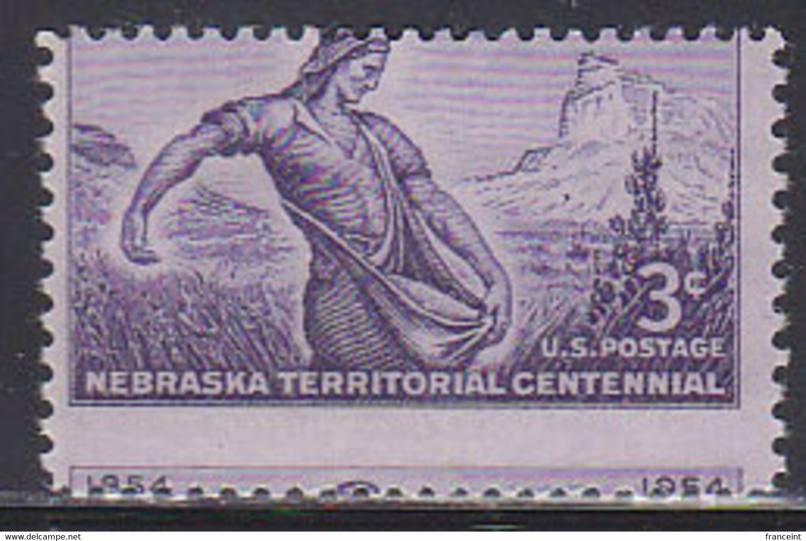 U.S.A. (1954) Man Sowing. Scotts Bluff. Scott No 1060. Yvert No 583. Nebraska Territory Centenary. Perforation Shift - Errors, Freaks & Oddities (EFOs)