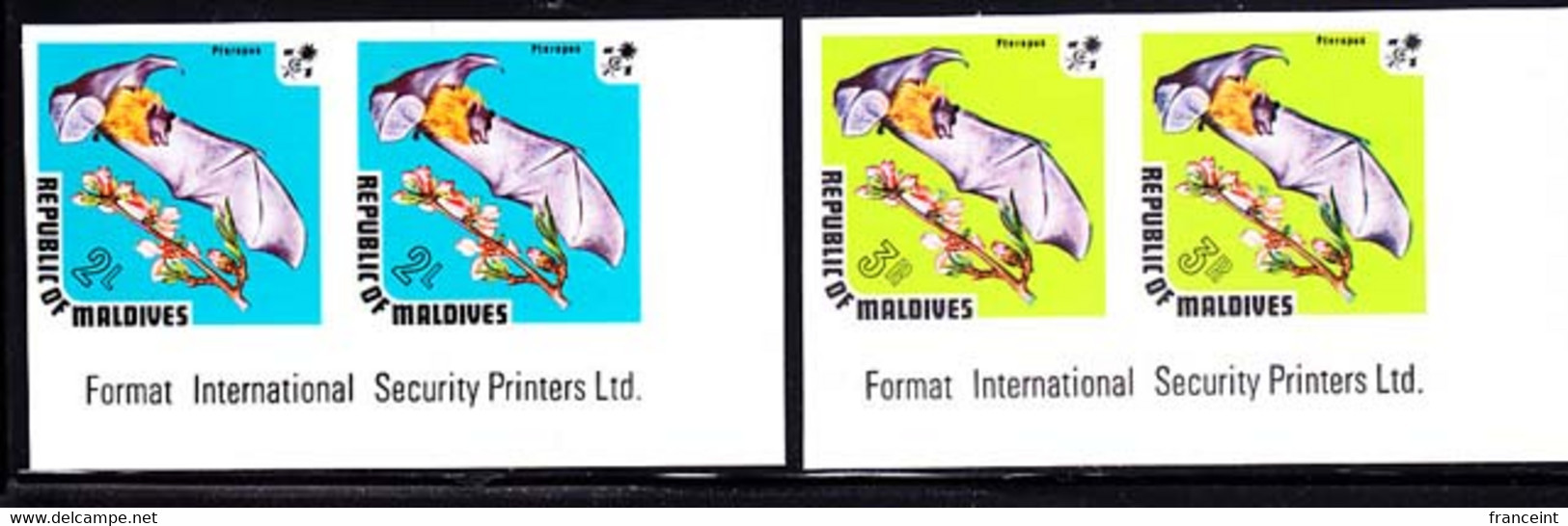 MALDIVES (1973) Fruit Bat. Set Of 2 Imperforate Pairs. Scott Nos 448,453, Yvert Nos 430,435. - Maldives (1965-...)