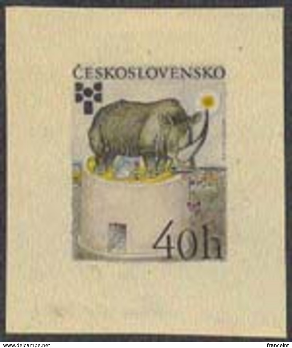 CZECHOSLOVAKIA (1975) Rhinoceros Atop House. Various Other Animals. Die Proof In Color. Essay Of Unissued Stamp. - Probe- Und Nachdrucke