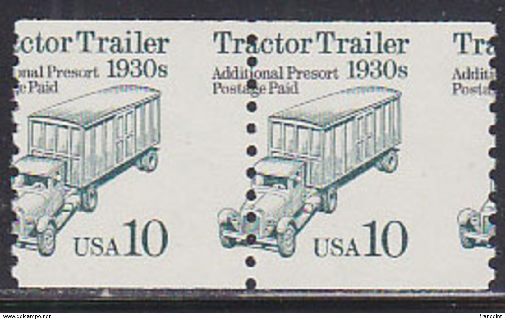 U.S.A. (1991) Tractor Trailer. Misperforation In Pair Resulting In One Front Wheel Appearing In The Other Stamp. Scott 2 - Errors, Freaks & Oddities (EFOs)