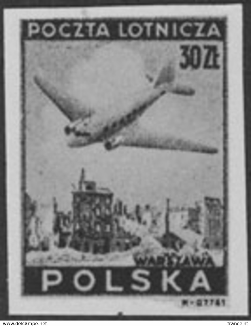 POLAND (1946) Plane Over Ruins Of Warsaw. Black Print. Scott No C18, Yvert No PA15. - Probe- Und Nachdrucke