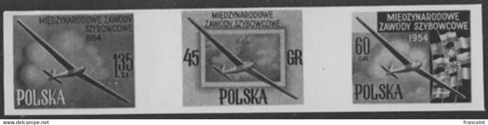 POLAND (1954) Gliders. Strip Of 3 Black Prints. Scott Nos 624-7, Yvert Nos 751-5. International Glider Championships. - Probe- Und Nachdrucke