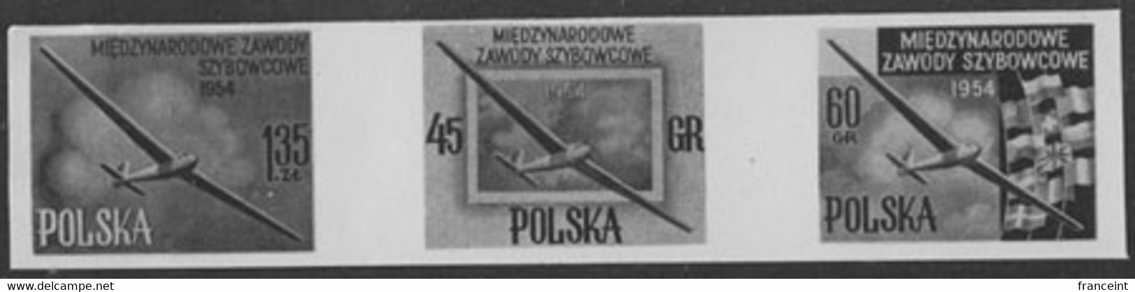 POLAND (1954) Gliders. Strip Of 3 Black Prints. Scott Nos 624-7, Yvert Nos 751-5. International Glider Championships. - Essais & Réimpressions