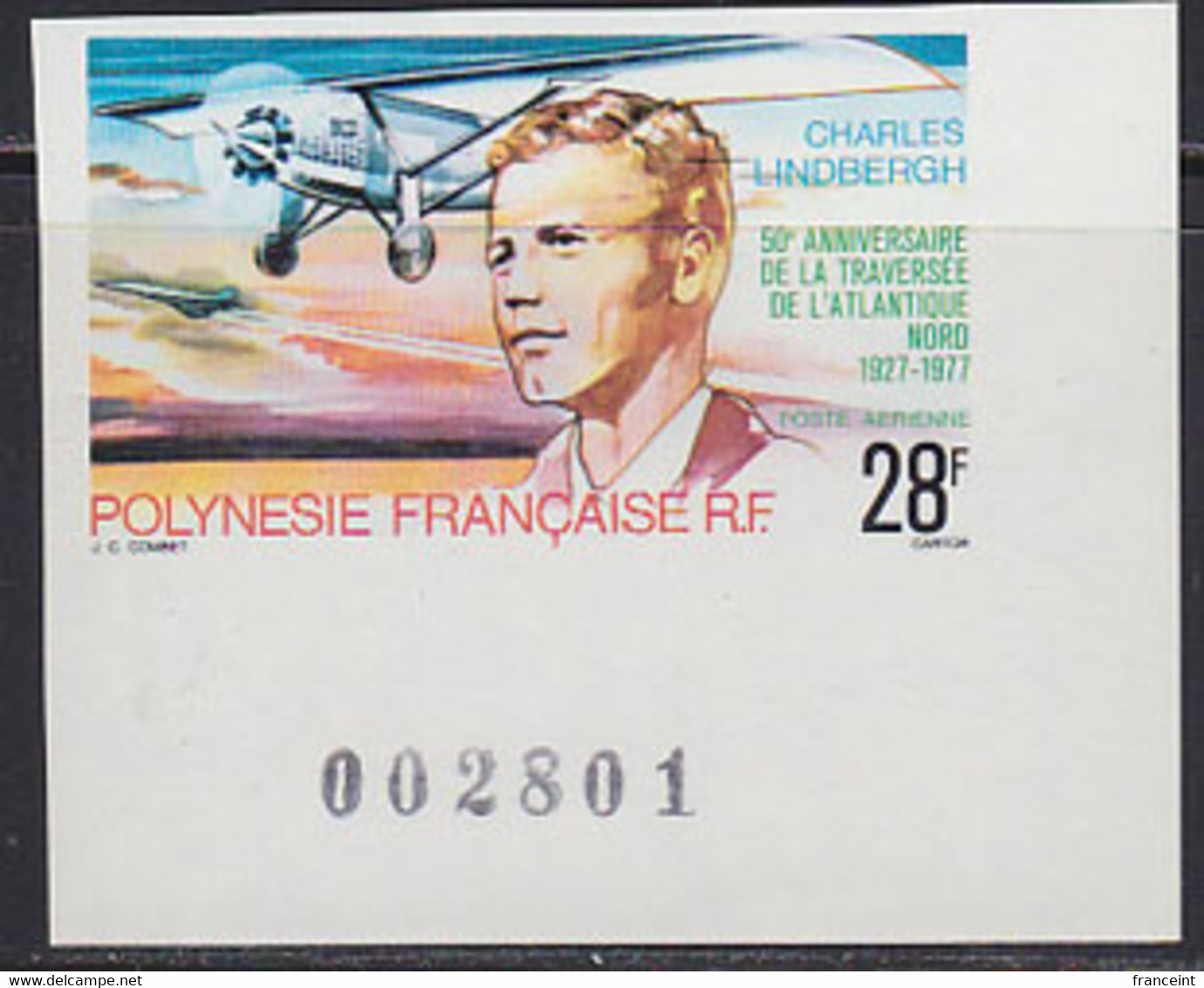 FRENCH POLYNESIA (1977) Lindbergh. Plane. Corner Imperforate. Scott No C149, Yvert No PA125. - Sin Dentar, Pruebas De Impresión Y Variedades