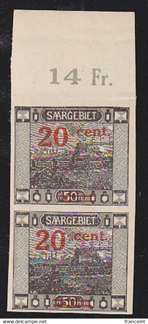 SAAR (1921) Signal Bridge, Saarbrucken. Imperforate Proof Pair With Overprint. Scott No 89. - Autres & Non Classés