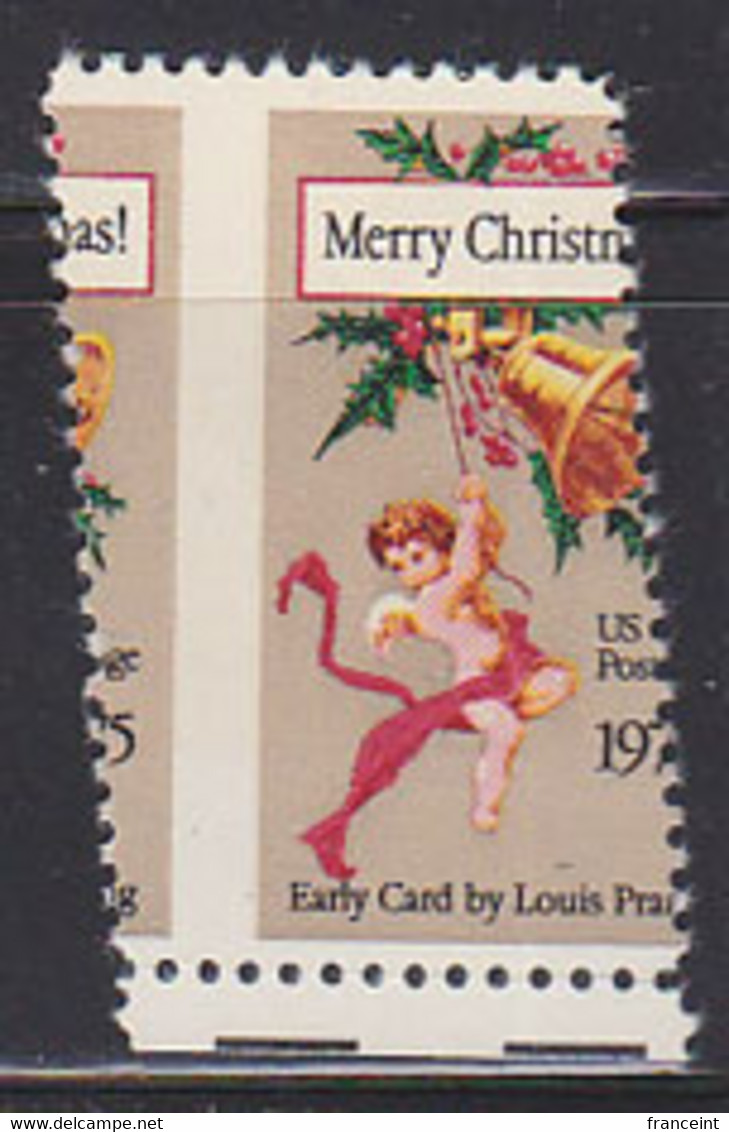 U.S.A. (1975) Christmas Card (Louis Prang). Angel Ringing A Bell. Delightful Diagonal Misperforation. Scott No 1580. - Plaatfouten En Curiosa