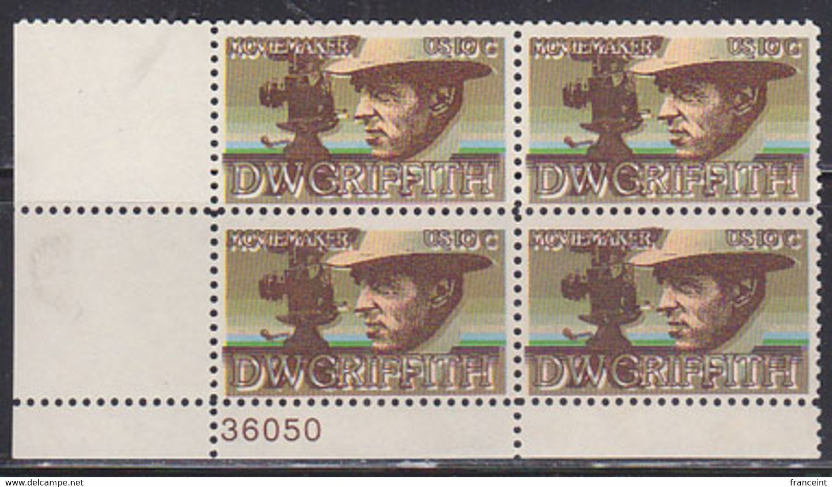 U.S.A. (1975)  D.W. Griffith. Camera. Shift Of The Color Dark Brown In A Plate Block Of 4 -> A Double Image. Scott 1555 - Errors, Freaks & Oddities (EFOs)