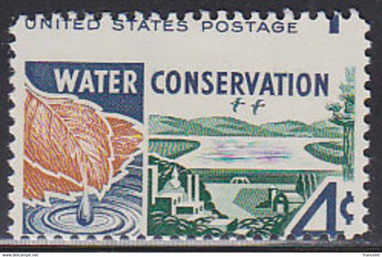 U.S.A. (1960) Water Dropping Off Leaf. Water Reservoir. Perforation Shift->inscription Appearing At Top. Scott No 1150 - Variedades, Errores & Curiosidades