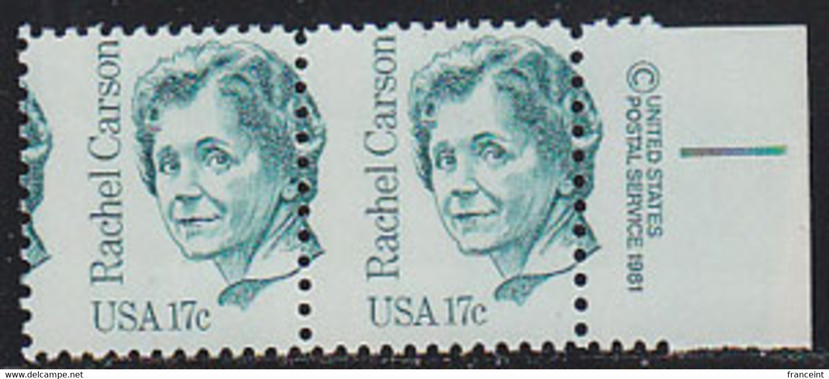 U.S.A. (1981) Rachel Carson. Vertical Misperforation In Pair Cutting The Right Side Of Each Stamp Off. Scott No 1857 - Errors, Freaks & Oddities (EFOs)