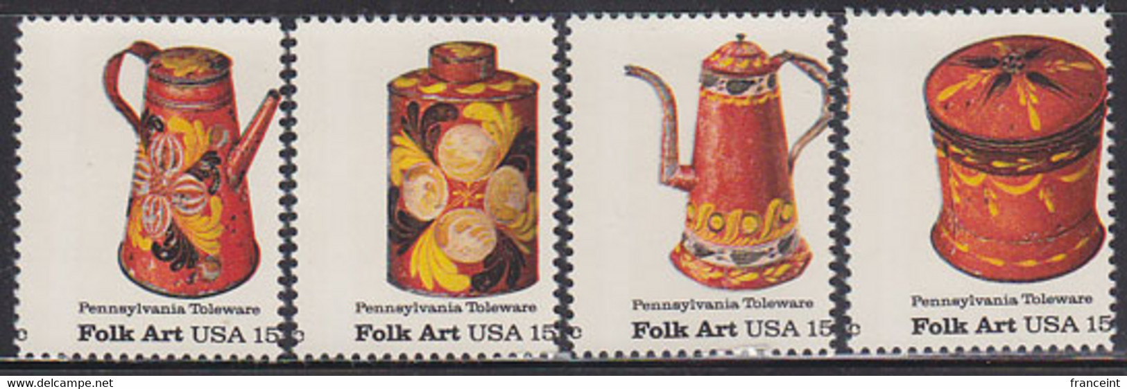 U.S.A. (1979) Toleware. Vertical Misperforation In Set Of 4 Causing Part Of Inscription On Opposite Side. Scott 1775-8. - Errors, Freaks & Oddities (EFOs)