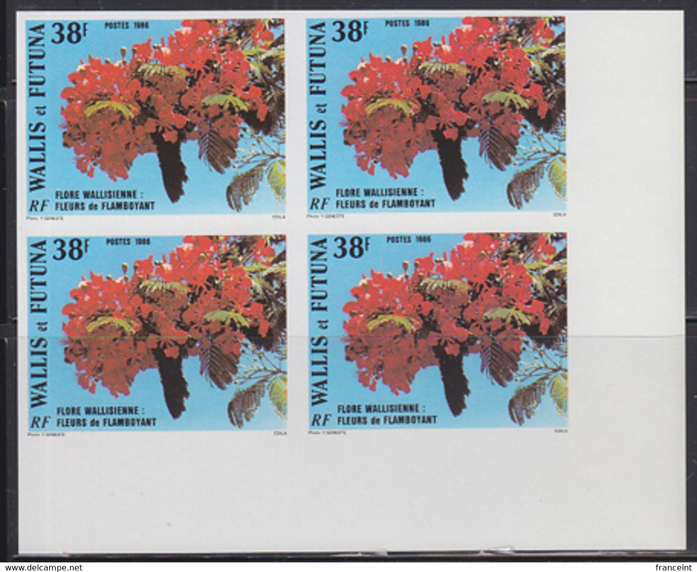 WALLIS & FUTUNA (1986) Flamboyants. Imperforate Corner Block Of 4. Scott No 332, Yvert No 336. - Imperforates, Proofs & Errors