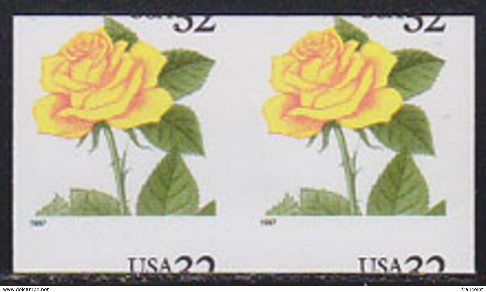 U.S.A. (1996) Yellow Rose. Imperforate Pair Horizontally Miscut In And Missing Die Cuts. Scott No 3054, Yvert No 2568. - Abarten & Kuriositäten