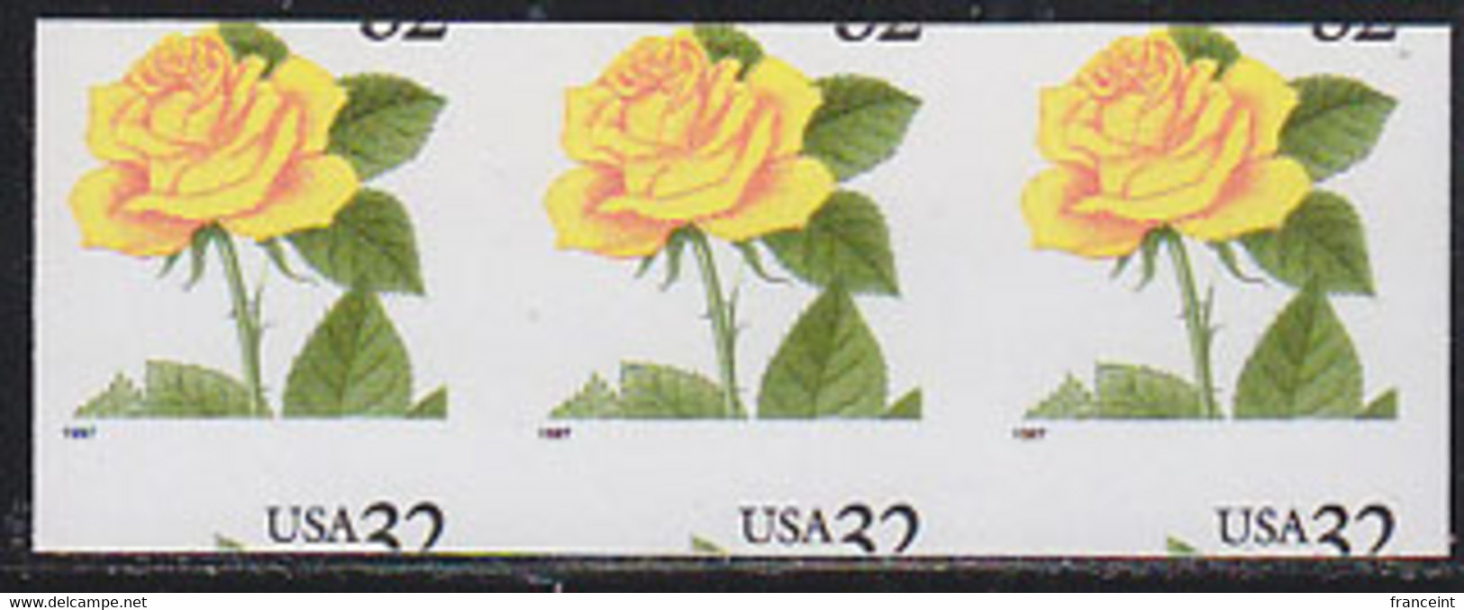 U.S.A. (1996) Yellow Rose. Strip Pf 3 Horizontally Miscut In And Missing Die Cuts. Scott No 3054, Yvert No 2568. Rare! - Errors, Freaks & Oddities (EFOs)