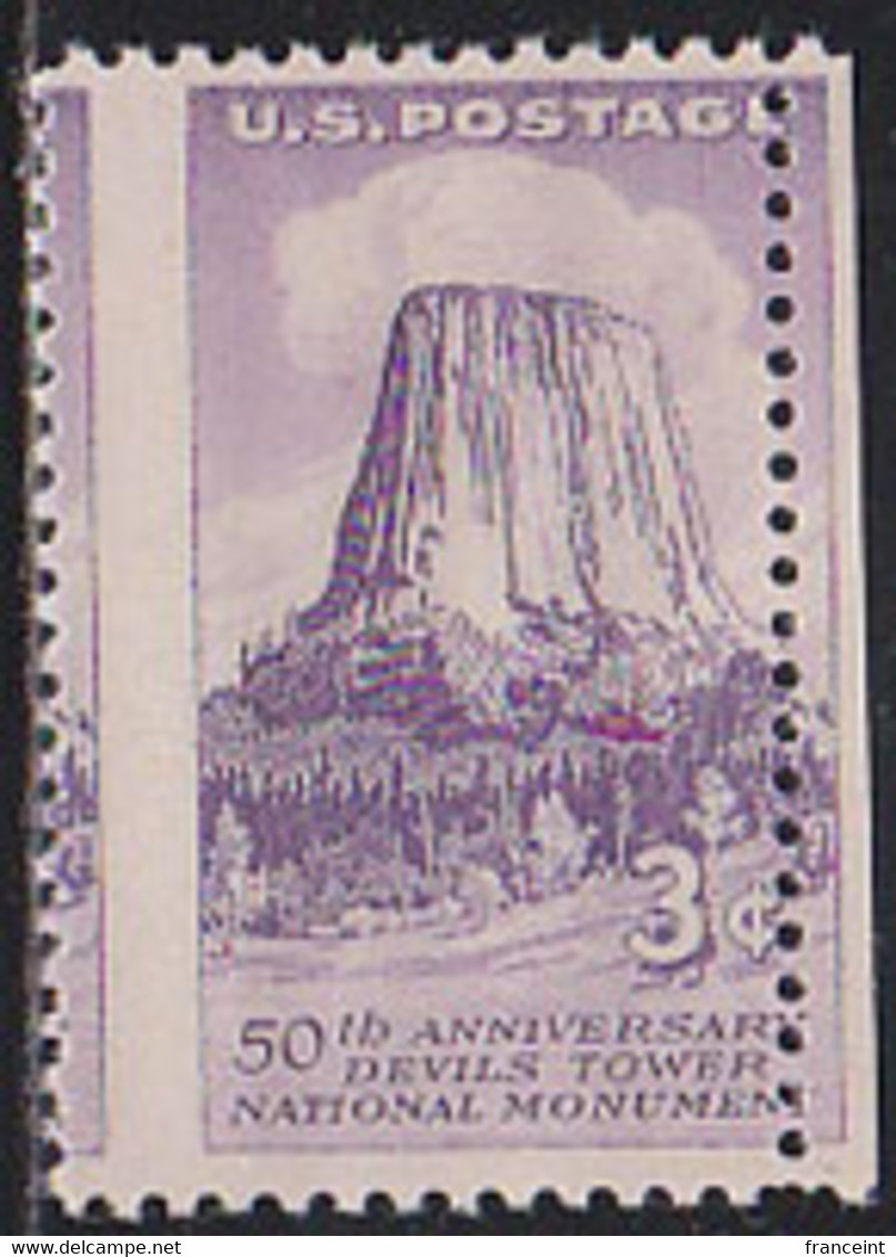 U.S.A. (1956) Devil's Tower. Vertical Perforation Shift Cutting Off Right Side Of Stamp. Scott No 1084. - Errors, Freaks & Oddities (EFOs)