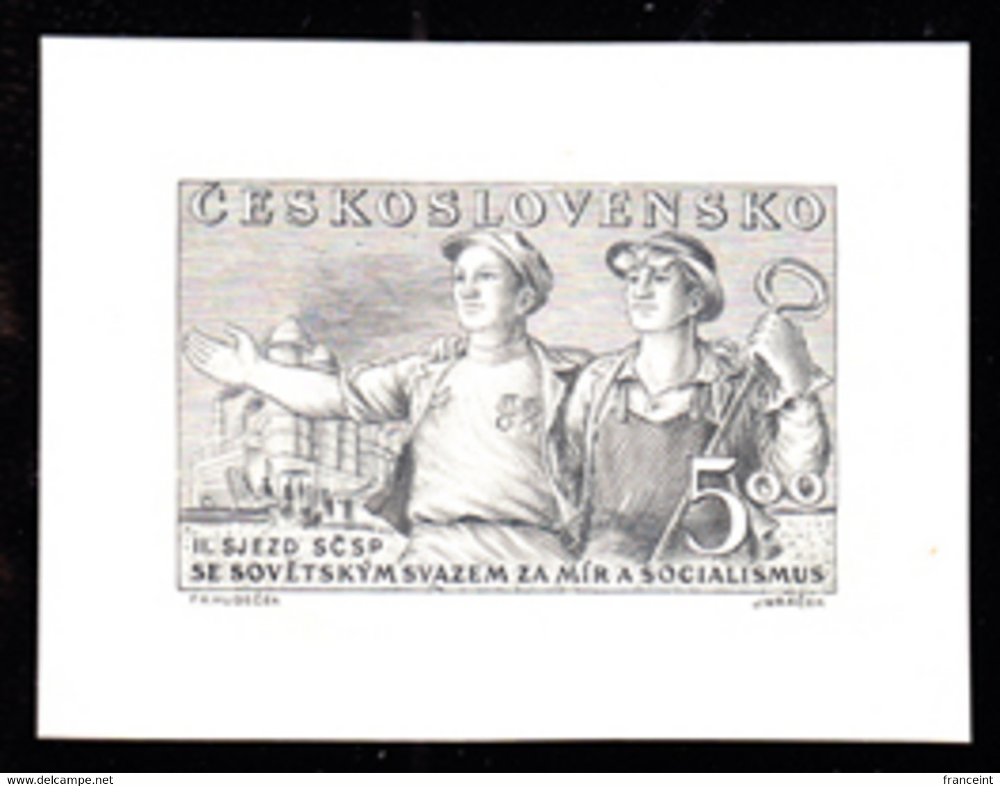 CZECHOSLOVAKIA (1950) Steel Workers. Die Proof In Black. Czech-Soviet Friendship. Scott No 437, Yvert No 555. - Essais & Réimpressions