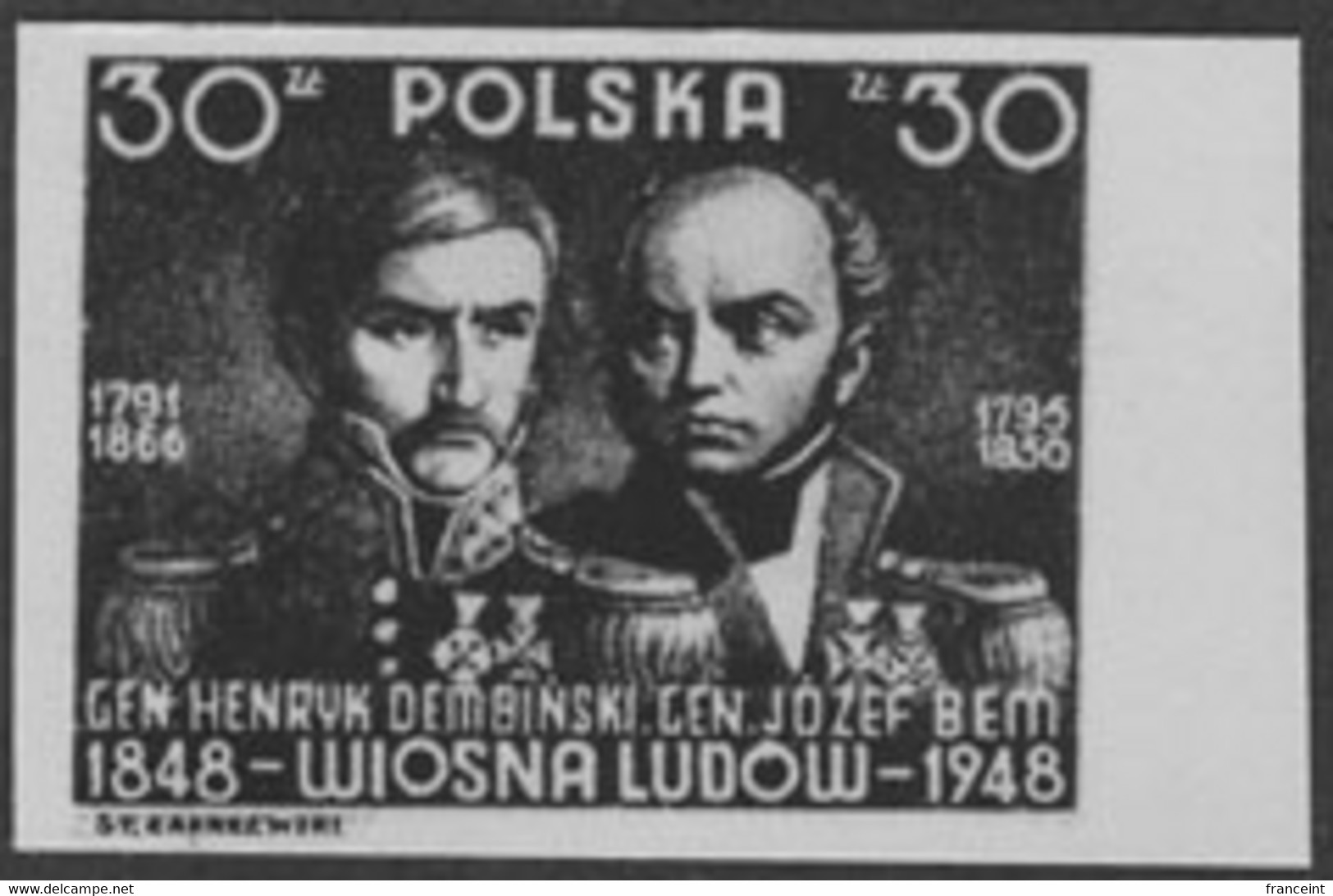 POLAND (1948) Generals Dembinski & Bem. Black Print. Scott No 430, Yvert No 510. 1848 Revolution. - Proeven & Herdruk