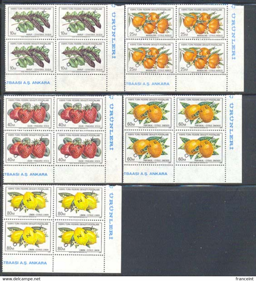 NORTHERN CYPRUS (1976) Fruits. Set Of 5 In Corner Blocks Of 4 Overprinted ORNEK (specimen). Scott Nos 32-6, - Autres & Non Classés