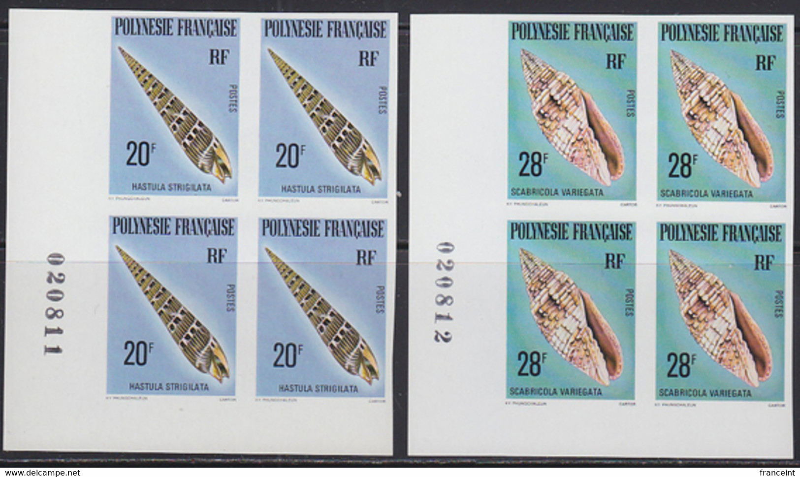 FRENCH POLYNESIA (1979) Seashells. Set Of 3 Corner Imperforate Blocks Of 4. Scott Nos 323-5, Yvert Nos 142-4. - Imperforates, Proofs & Errors