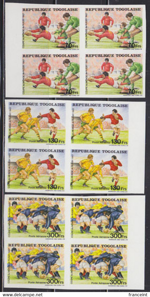 TOGO (1987) World Rugby Cup. Set Of 3 Imperforate Blocks Of 4. Scott Nos 1427-9. - Togo (1960-...)