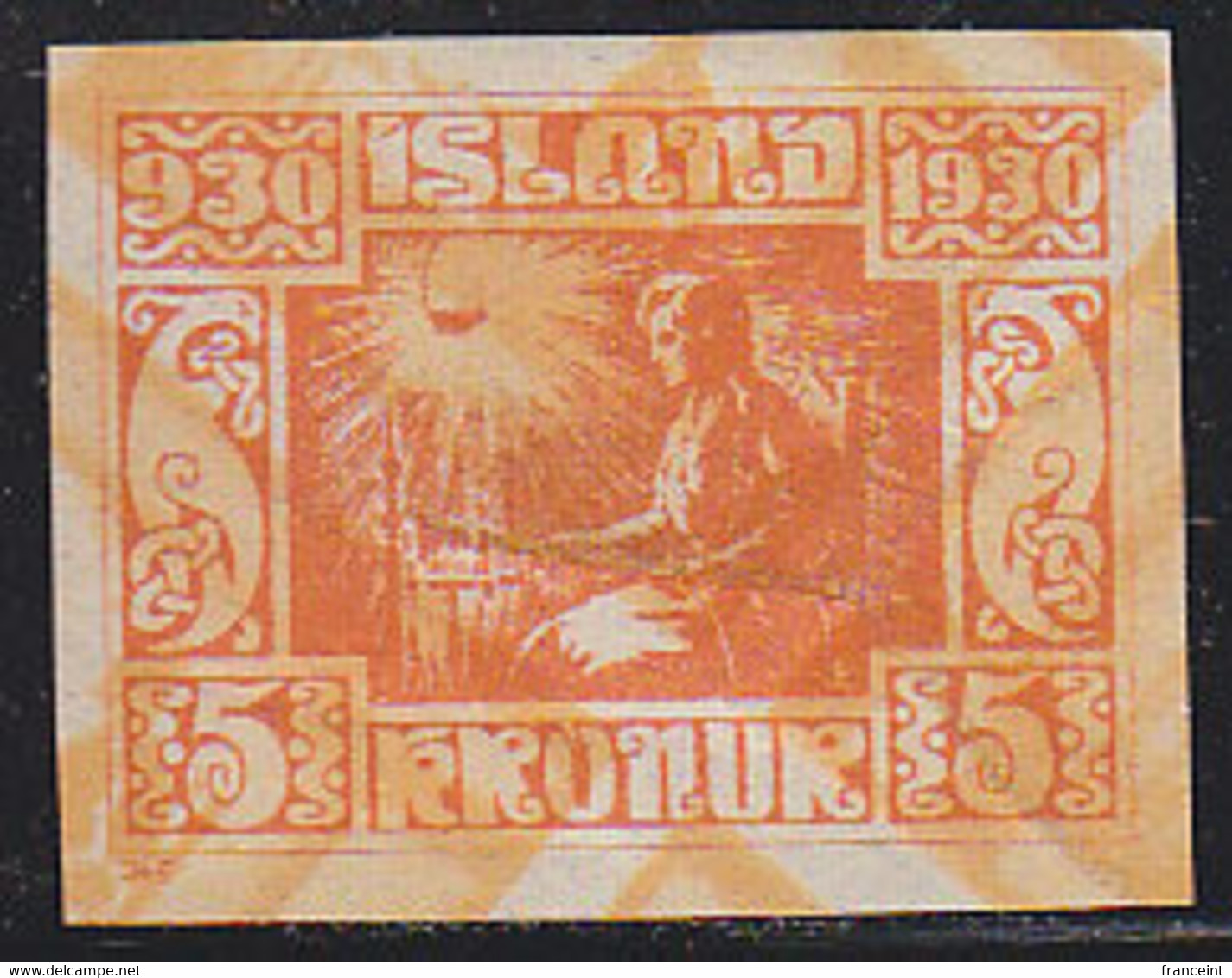 ICELAND (1930) Woman Spinning. Imperforate With Double Impression Of Orange Background. Scott No 165. - Imperforates, Proofs & Errors