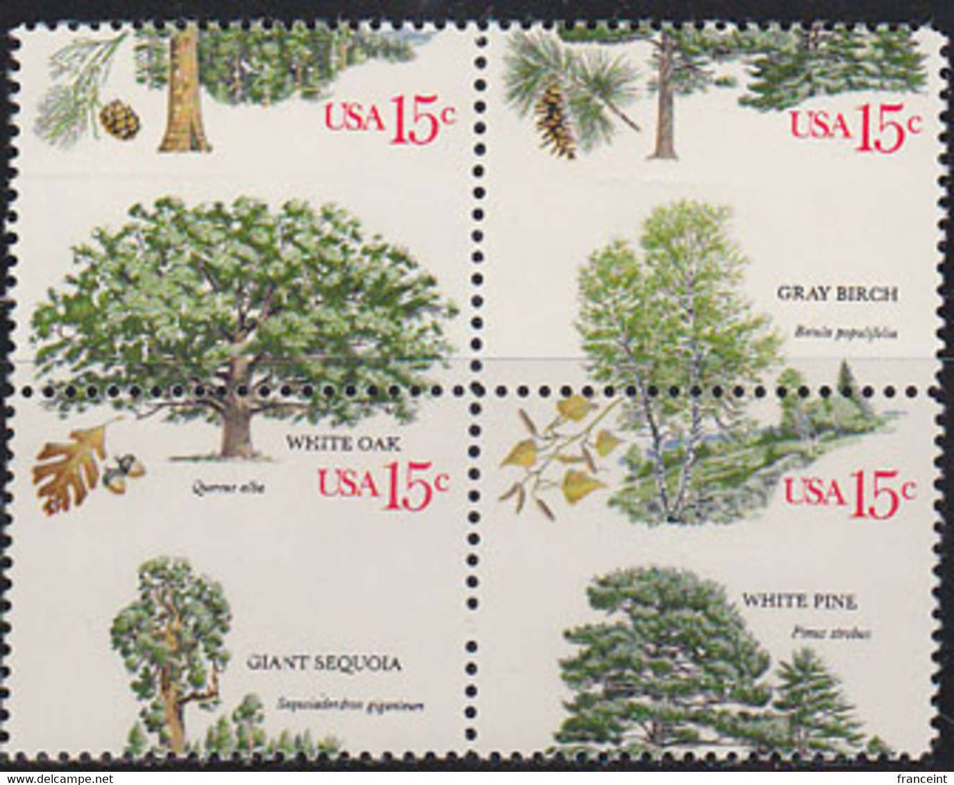 U.S.A. (1978) Giant Sequoia. White Pine. White Oak. Gray Birch. Scott No 1767a. Yvert No 1222-5. Perforation Error Bl/4. - Abarten & Kuriositäten