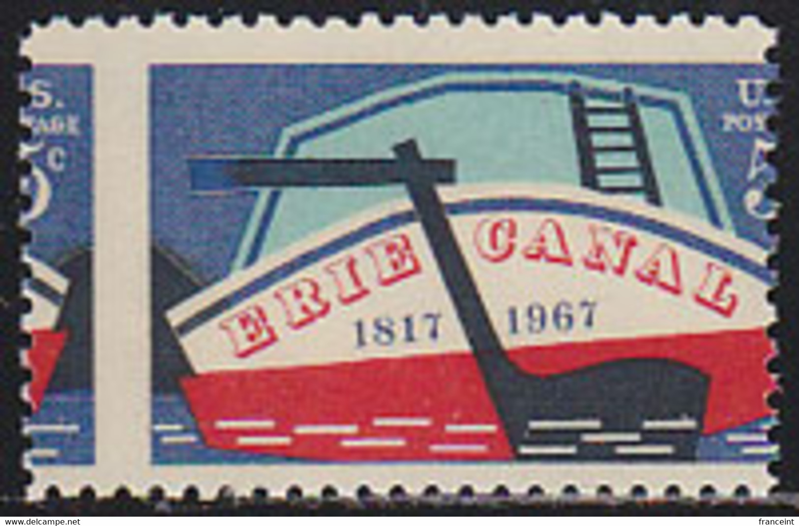 U.S.A. (1967) Boat In Erie Canal. Vertical Misperforation Resulting In Splitting Of Value. Scott No 1325, Yvert No 828. - Variétés, Erreurs & Curiosités
