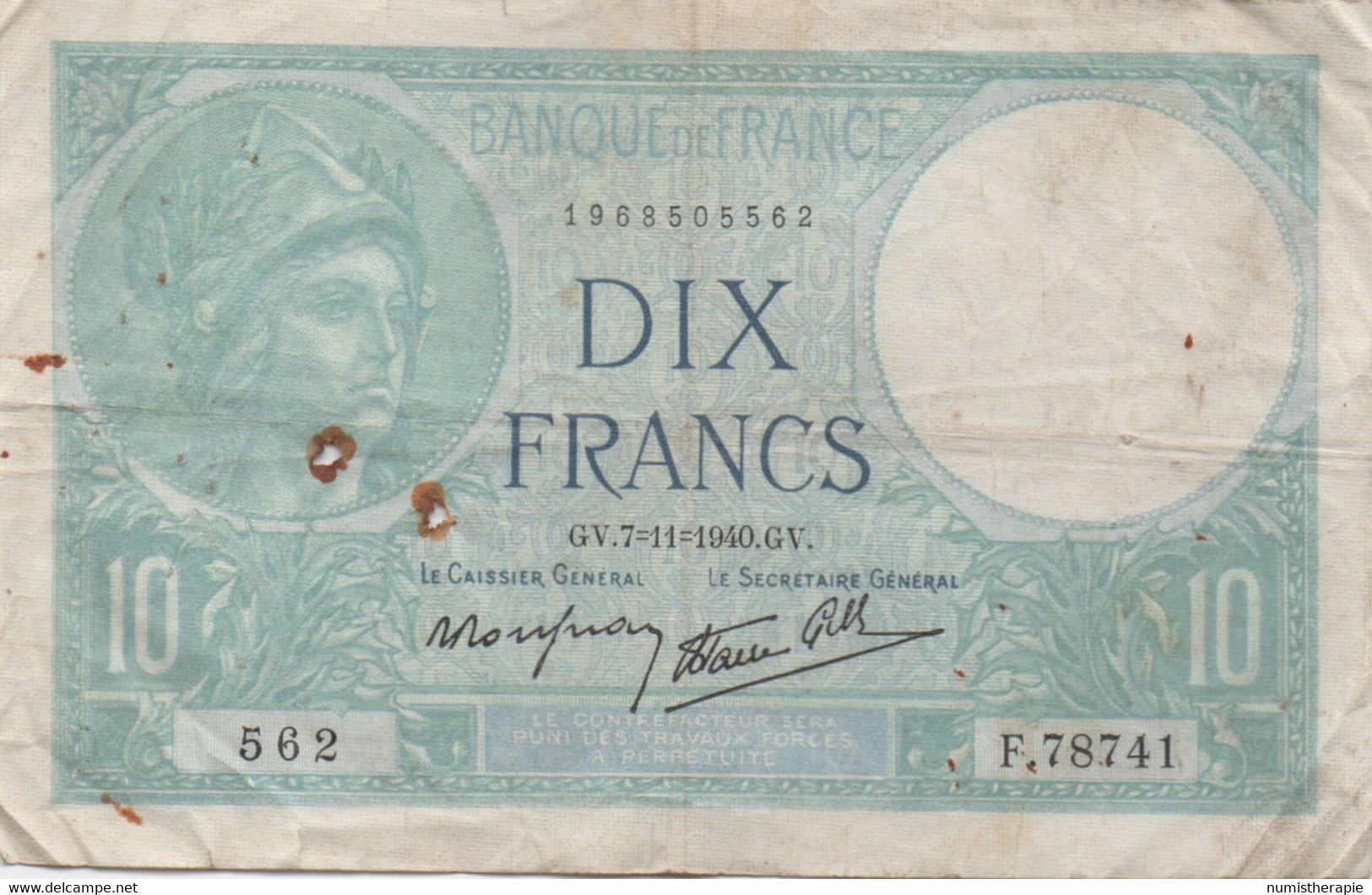 France : 10 Francs 1940 (très Mauvais état) - 10 F 1916-1942 ''Minerve''