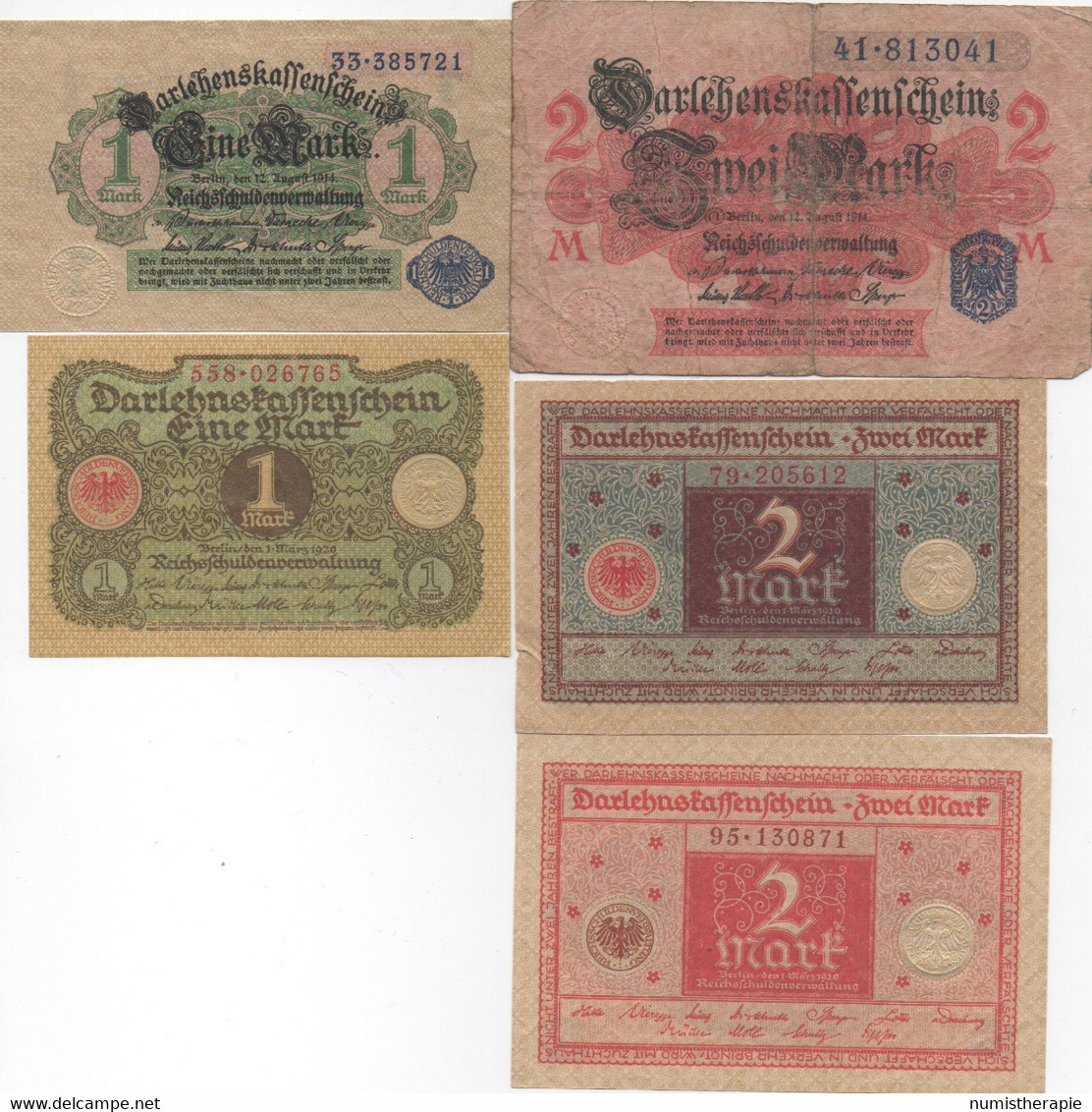 Série De 10 Billets De Darlehenskaffenschein : 1-1-2-2-2-5-5-20-20-50 Mark 1914-1920 - Verzamelingen