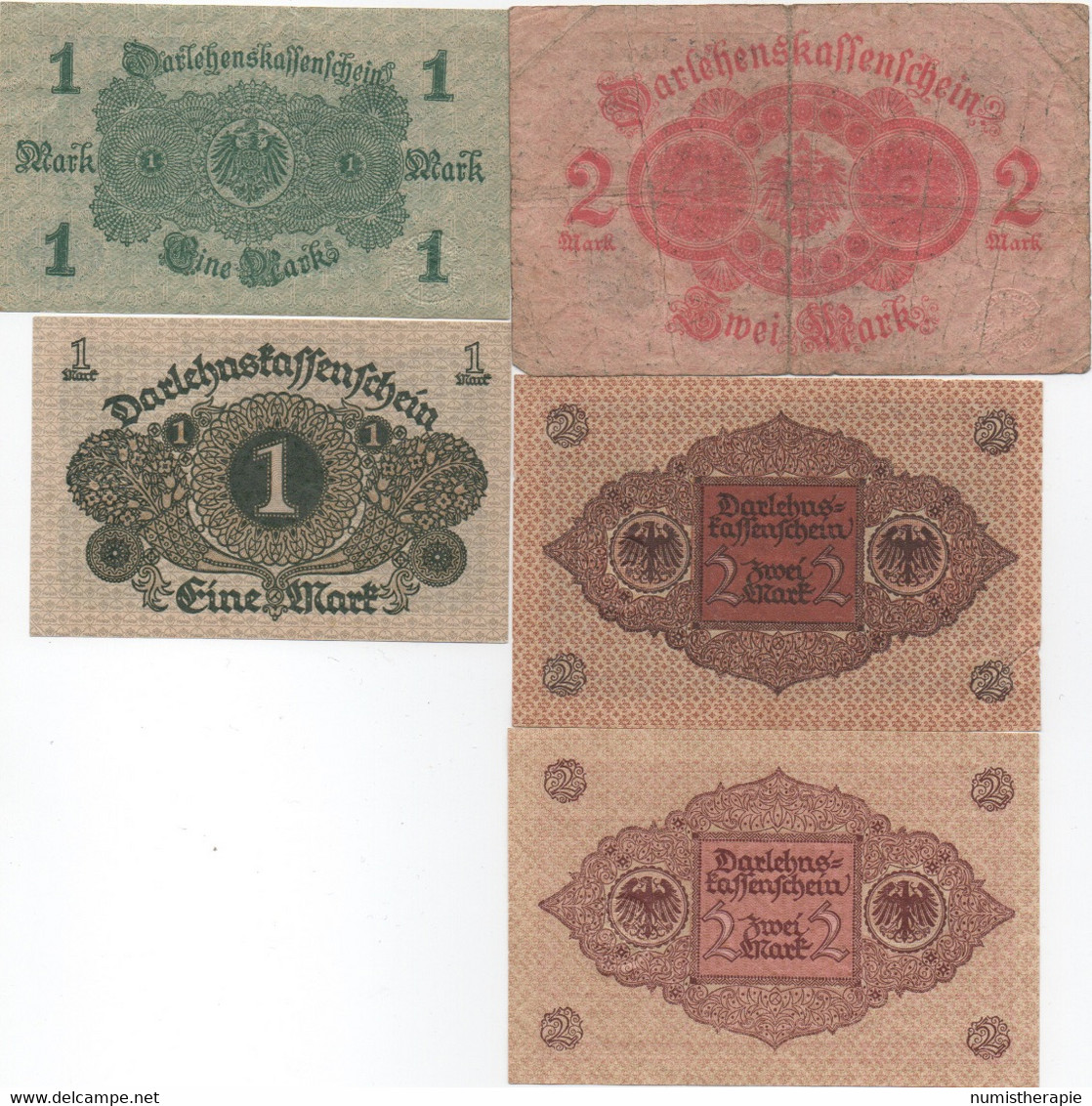 Série De 10 Billets De Darlehenskaffenschein : 1-1-2-2-2-5-5-20-20-50 Mark 1914-1920 - Colecciones