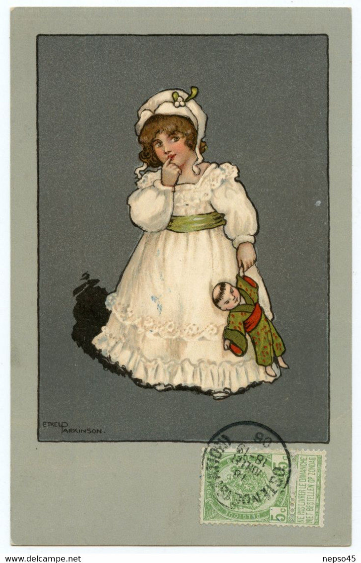 Illustrateur Ethel Parkinson. élégante Petite Fille Belle Epoque à La Poupée Japonaise. Circa Années 1900. - Parkinson, Ethel