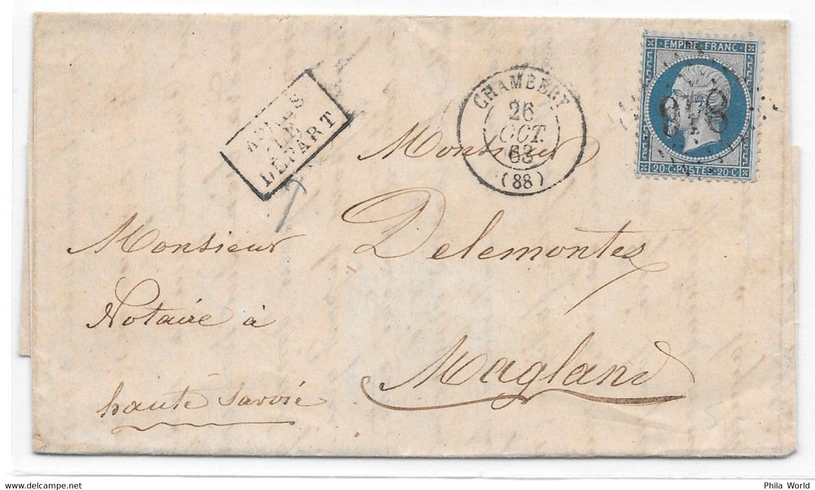 EMPIRE DENTELE NAPOLEON III - 1863 - CHAMBERY GC 846 - YT 22 - 20c Bleu  Cachet APRES LE DEPART - Pour MAGLAND - 1862 Napoléon III