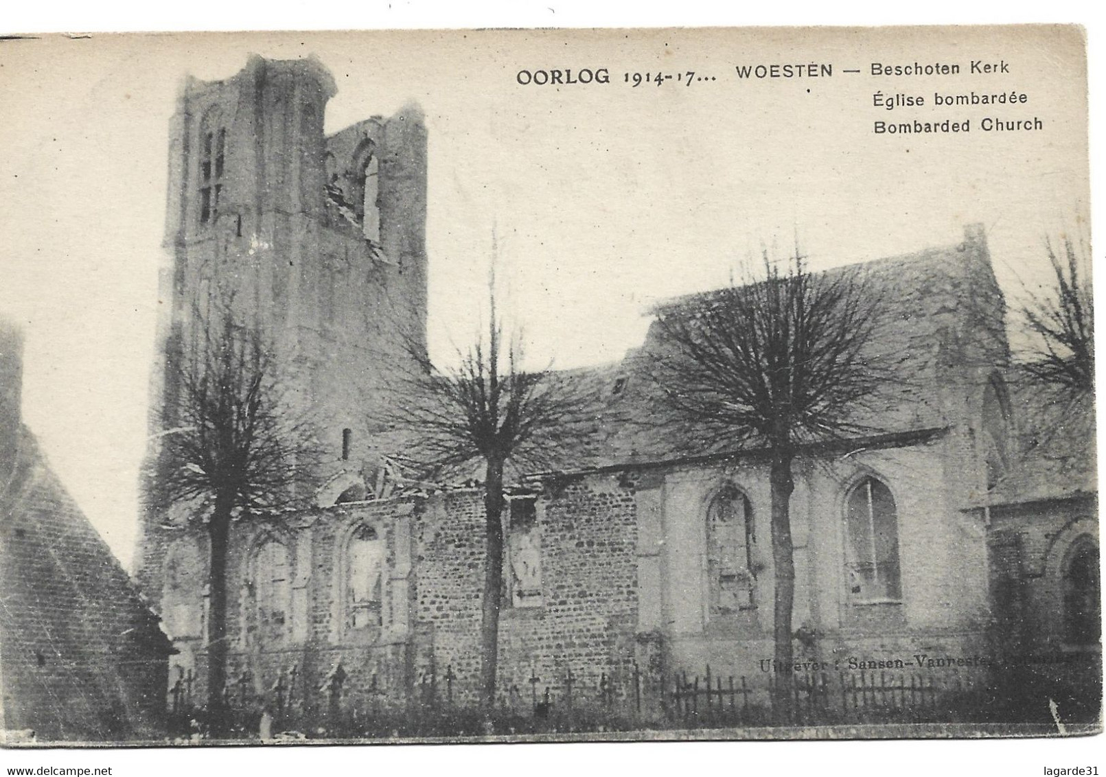 OORLOG 1914-17, Bombarded Church, Woesten, Vieteren, West Flanders, Belgium, - Vleteren