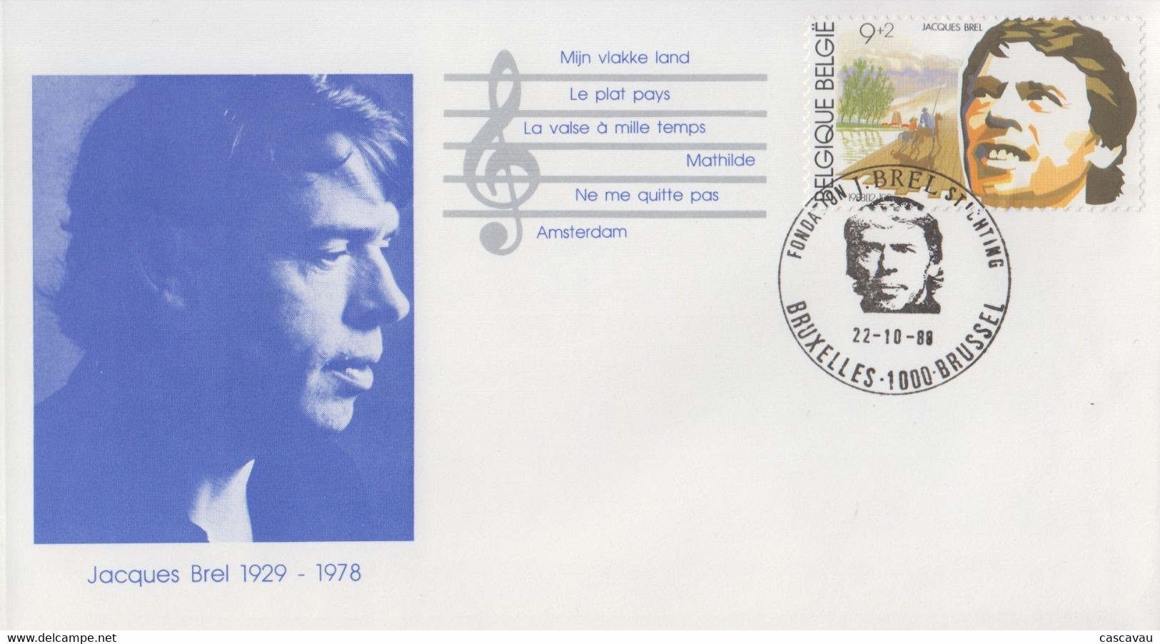 Enveloppe   FDC  1er  Jour   BELGIQUE    JACQUES   BREL   BRUXELLES   1988 - Singers