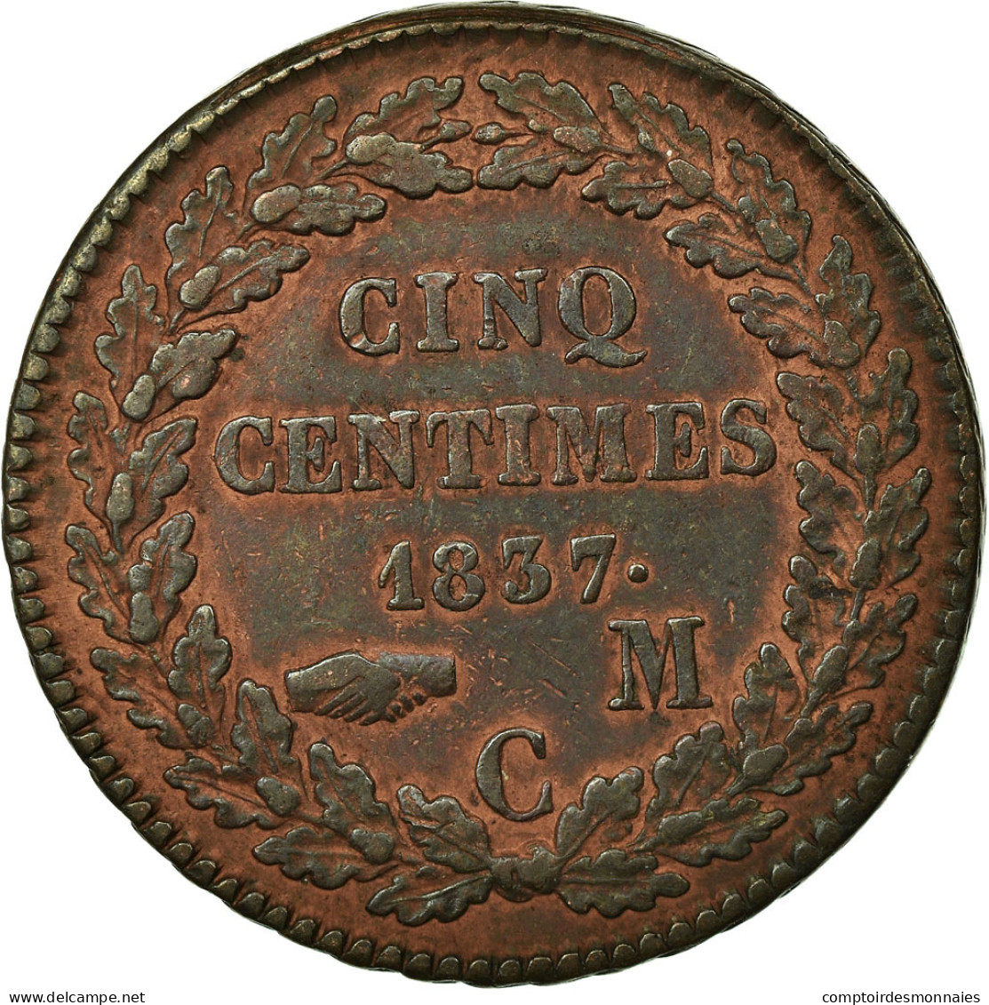 Monnaie, Monaco, Honore V, 5 Centimes, Cinq, 1837, Monaco, TTB, Cuivre - 1819-1922 Honoré V, Charles III, Albert I