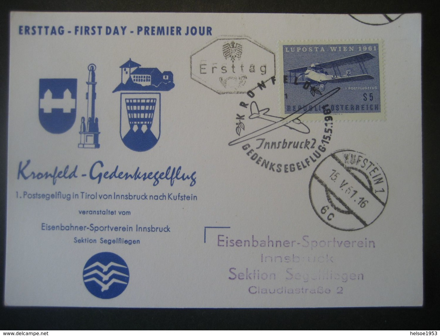 Österreich 1961- Ersttagskarte Zum Kronfeld-Gedenksegelflug Von Innsbruck Nach Kufstein Mit Mi.Nr. 1085 - Other & Unclassified