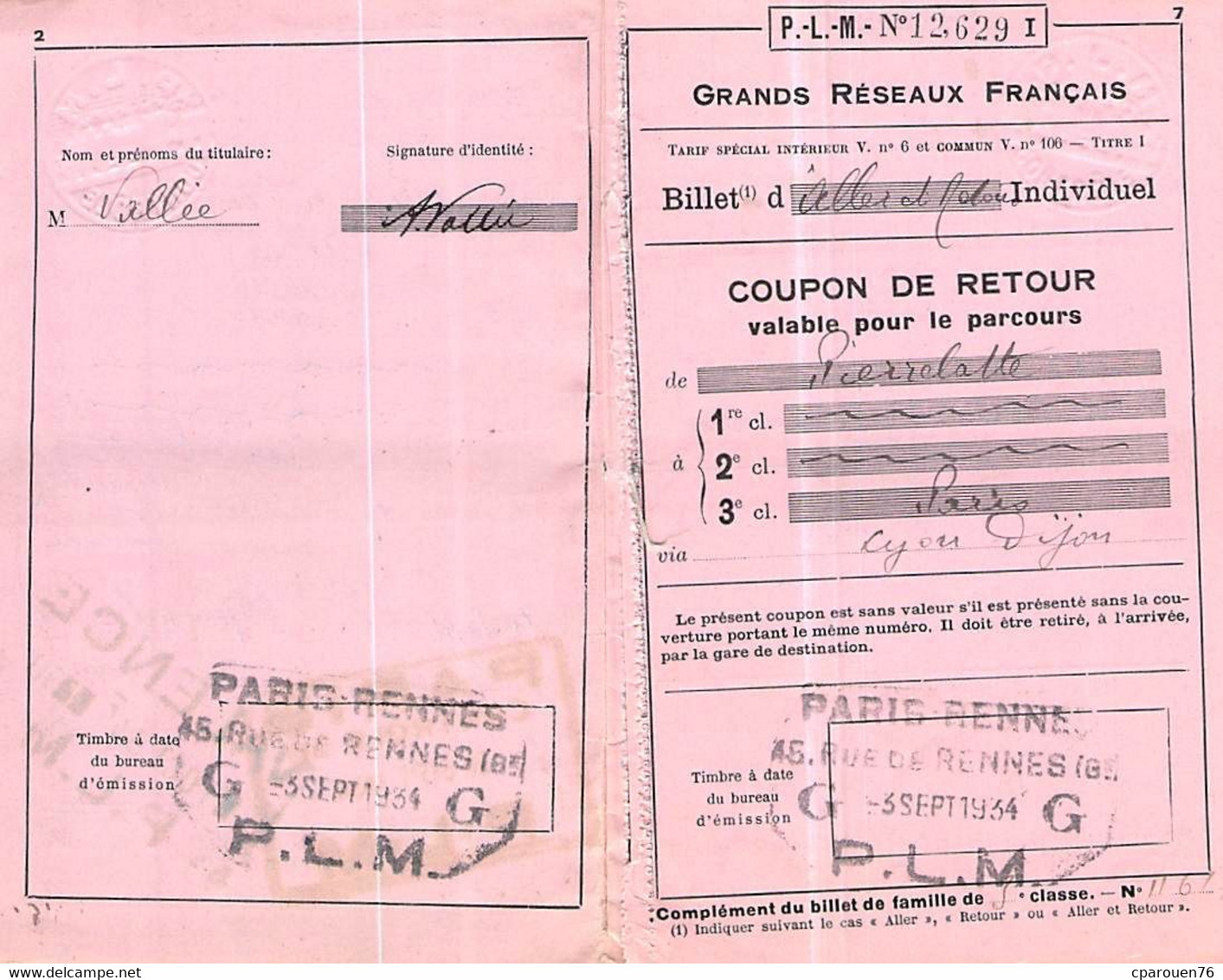 Itres De Transport Ticket INDIVIDUEL   Voyage  Chemins De Fer ALLER ET RETOUR PARIS PIERRELATTE 1934 05.11.P.L.M - Europa